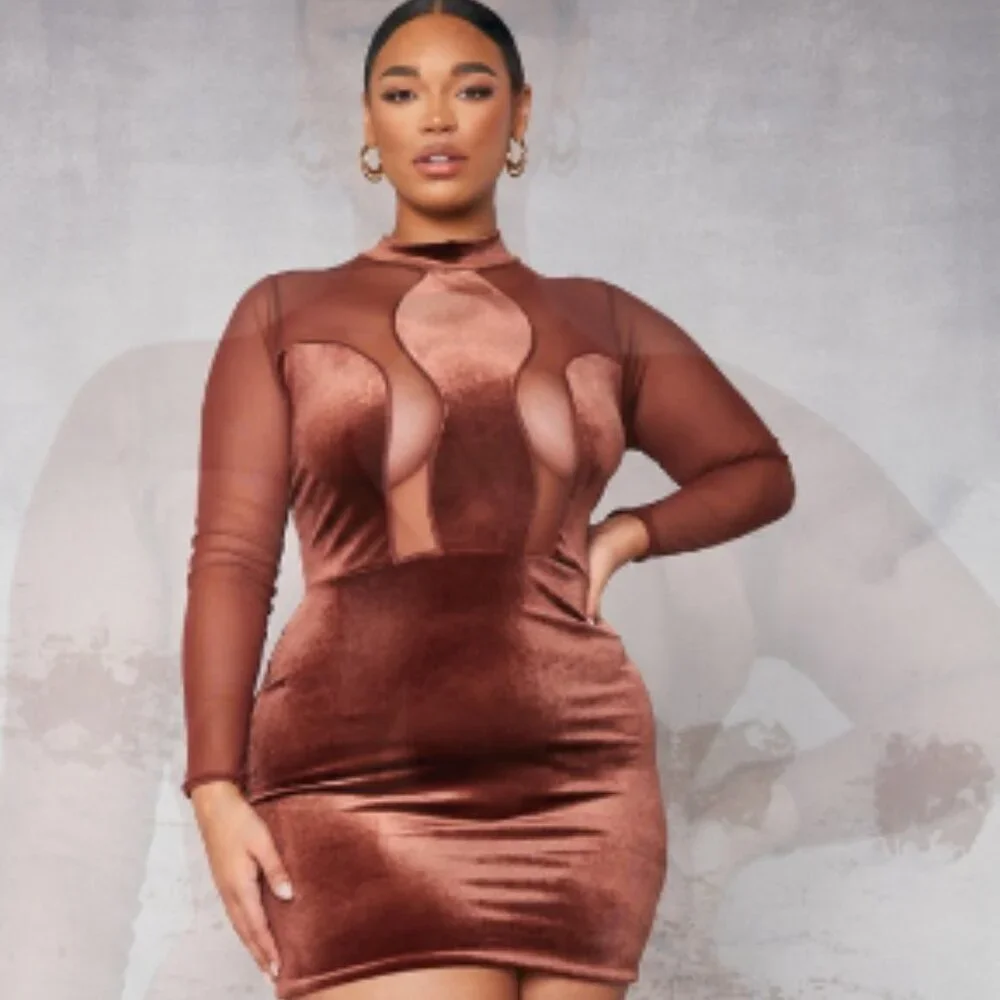 NWT Pretty Little thing Chocolate Velvet Long Sleeve mini dress plus size 16 - Picture 3 of 11